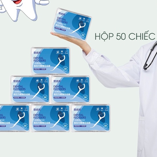 Tăm chỉ nha khoa tiệt trùng hộp 50 cây, Tăm nha khoa vệ sinh kẽ răng chân nướu chuyên dụng