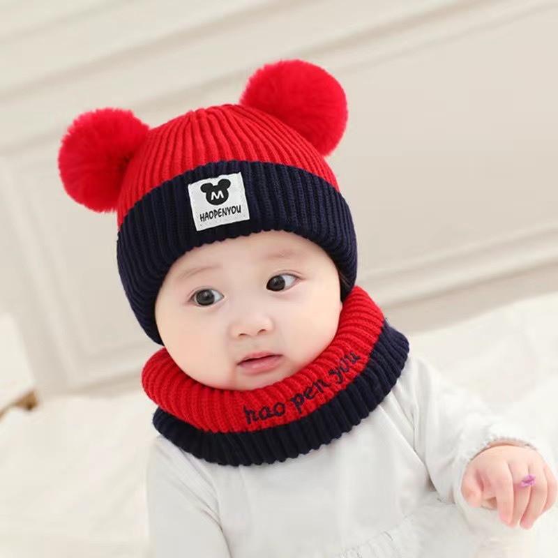 Mũ Len Micky 2 Quả Bông Kèm Khăn Ống Cho Bé 6-24 Tháng- lót lông