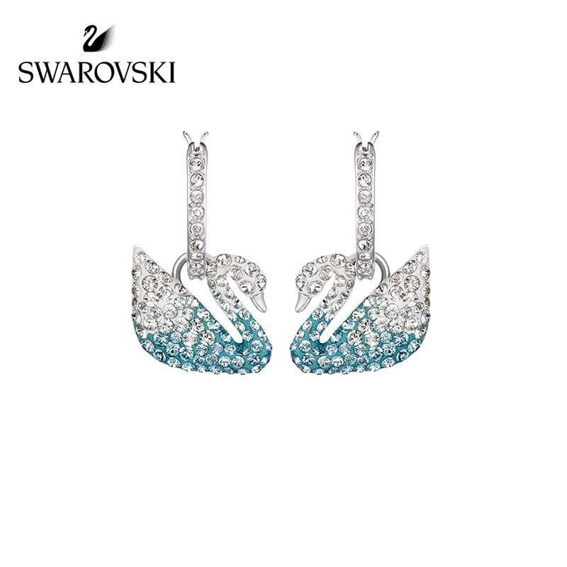 Bông tai Swarovski bạc S925 trang trí mặt hình chim thiên nga màu xanh da trời chuyển sắc