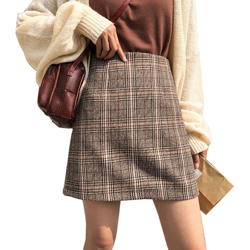 [Baywellfashion]FREESHIP ĐƠN 99K_ Women Autumn High Waist Bag Hip Woolen Wild Skirt Plaid Print A-Line Maxi Dress
