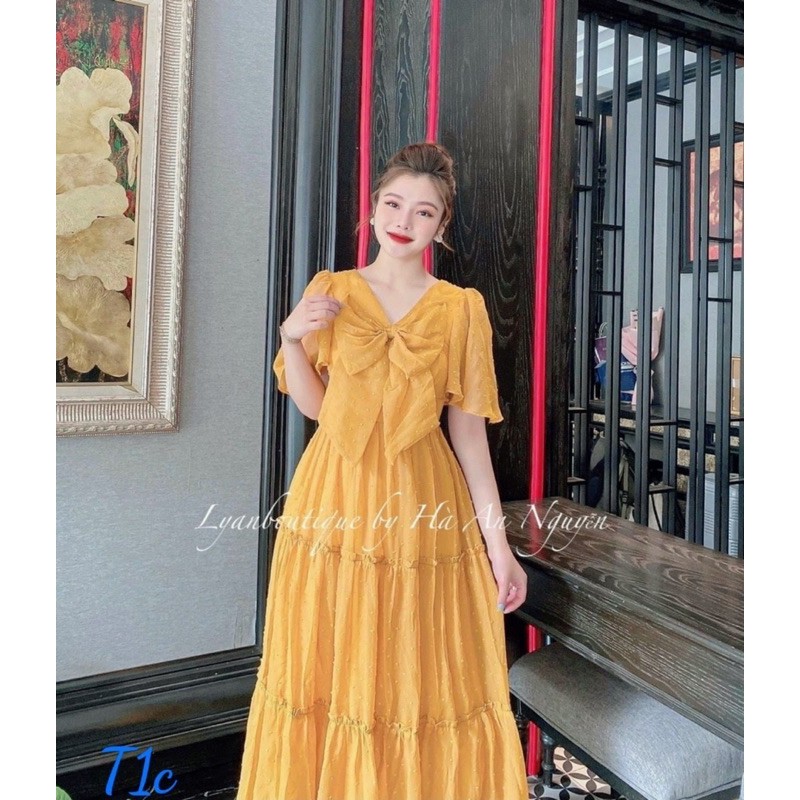 Đầm maxi voan bi nổi nơ, Đầm Váy Xoè Nơ Vol Bi Nổi Kèm Lót Cao Cấp | BigBuy360 - bigbuy360.vn