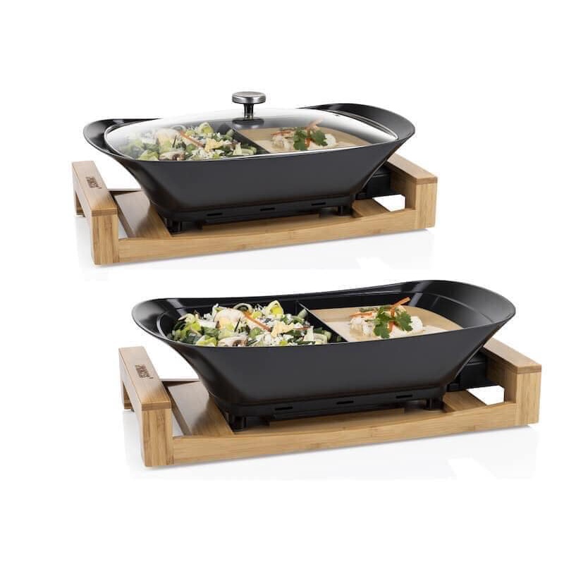 Nồi lẩu điện đa năng 2 ngăn Princess cao cấp (màu đen full bộ kèm kệ gỗ)