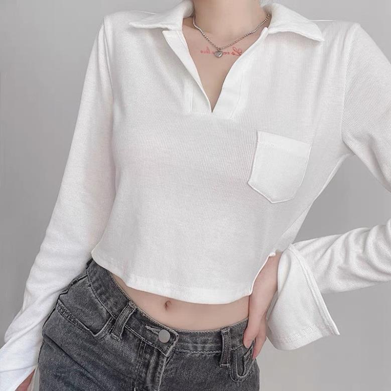 giá rẻ Áo Croptop rt Nữ Cổ V Nữ Dài Tay Cổ Bẻ Freeesize Dưới 59kg Mặc Đẹp | BigBuy360 - bigbuy360.vn