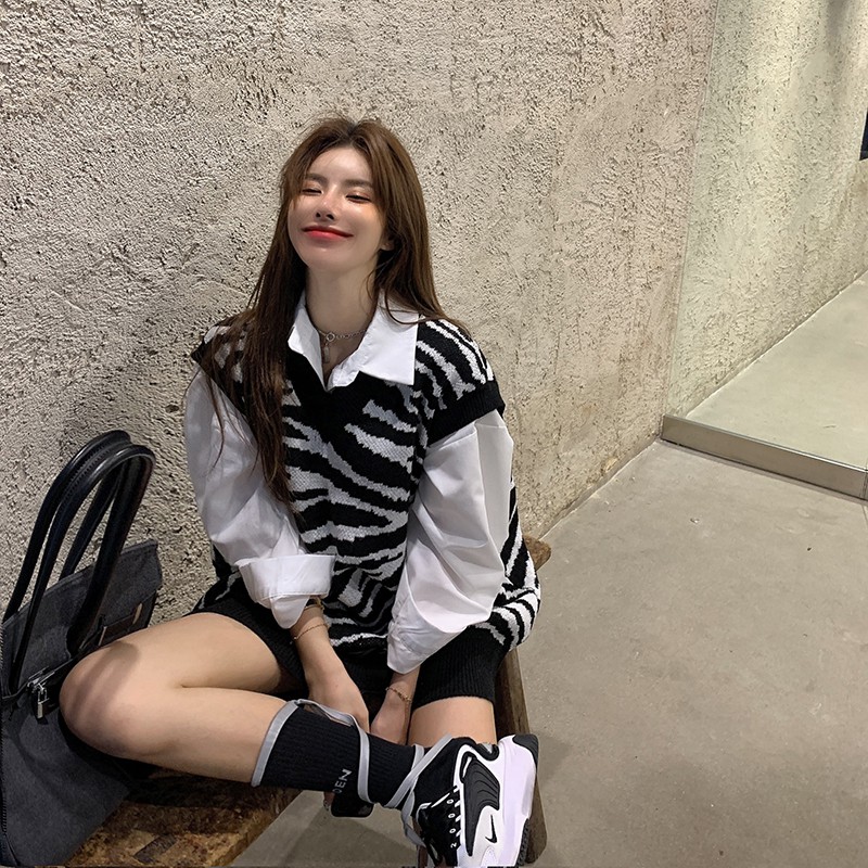 Áo Sweater dệt kim sát nách cổ chữ V họa tiết ngựa vằn dễ thương | BigBuy360 - bigbuy360.vn