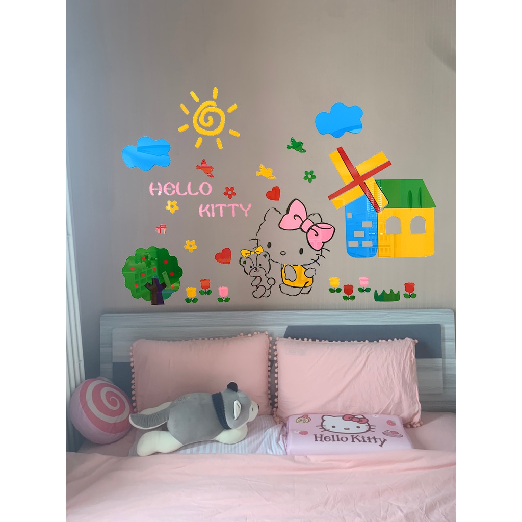 Tranh dán tường mica 3d decor khổ lớn khu vườn của hello kitty trang trí mầm non, phòng cho bé Nhiều Size - EPeBen