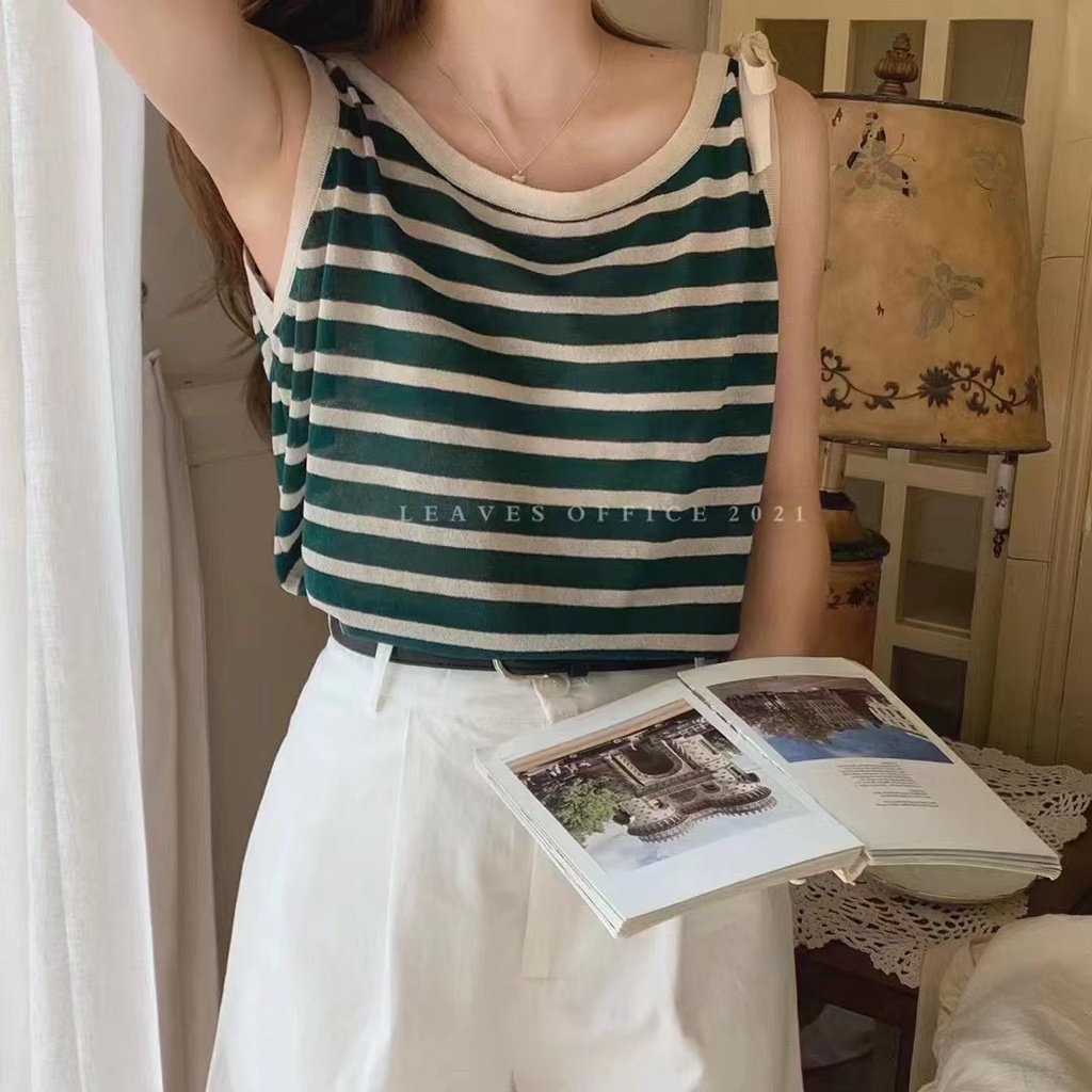Áo sát nách dệt kim buộc dây kẻ sọc thời trang Hàn Quốc cho nữ