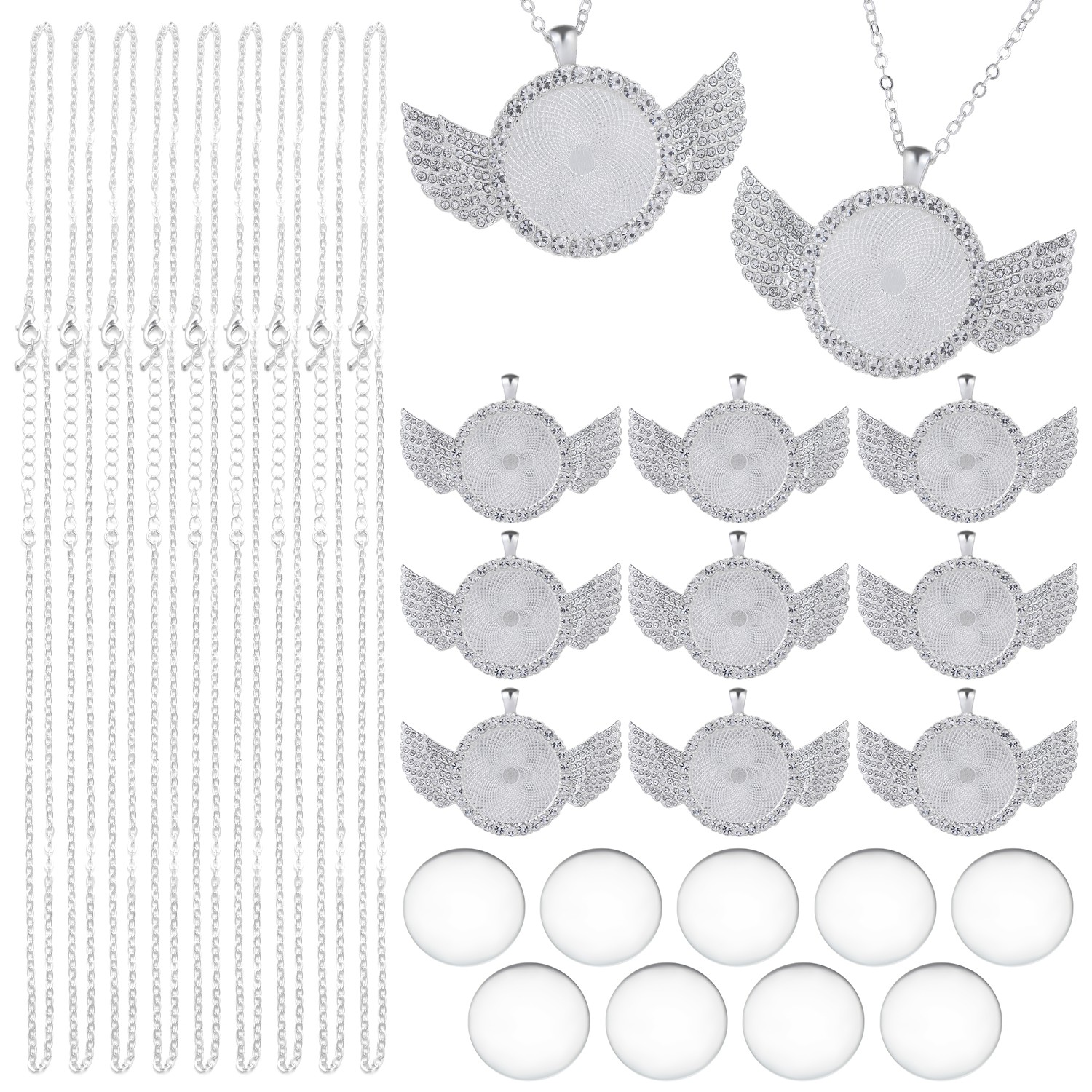 BEAUTY 27PCs/Set Gift for friend Bezel Pendant Trays Set For Necklace/Bracelet/Keychain With Glass Cabochons Wing Pendant Crafts Making Supplies New Lobster Clasps Chains for DIY Jewelry|Wing Bezel Pendant Trays