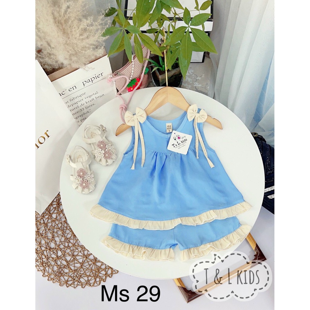 Bộ quần áo bé gái mùa hè chất liệu cotton gắn nơ vai 8-18kg