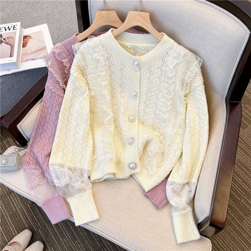 Áo Cardigan Dệt Kim Cổ Tròn Phối Ren Xinh Xắn  tao bao