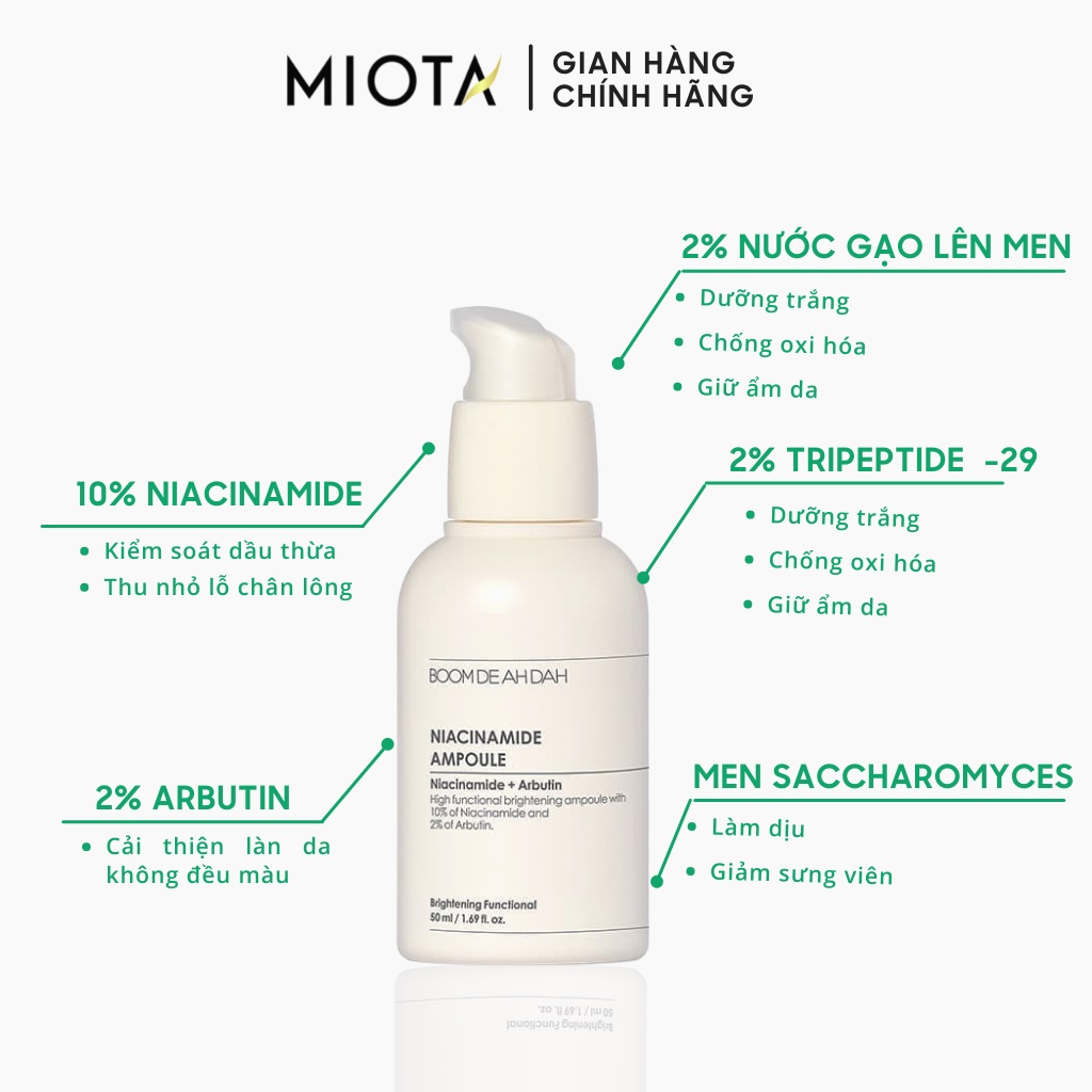 Serum dưỡng trắng Boom De Ah Dah Niacinamide 10% + Arbutin 2% Ampoule giảm mụn, cấp ẩm 50ml