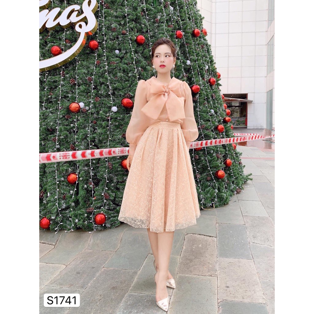 Set chân váy xòe áo nơ cổ S1741