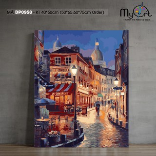 Tranh tô màu theo số sơn dầu số hóa cảnh phố Châu Âu quán cà phê DP0958