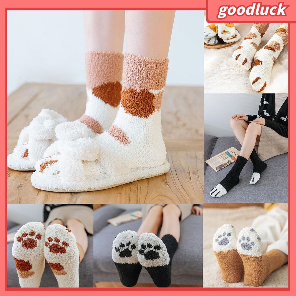 1 Đôi Tất Dài Trung Bình Hình Chân Mèo Chất Liệu Lông Cừu San Hô Dày Dặn Giữ Ấm Mùa Đông