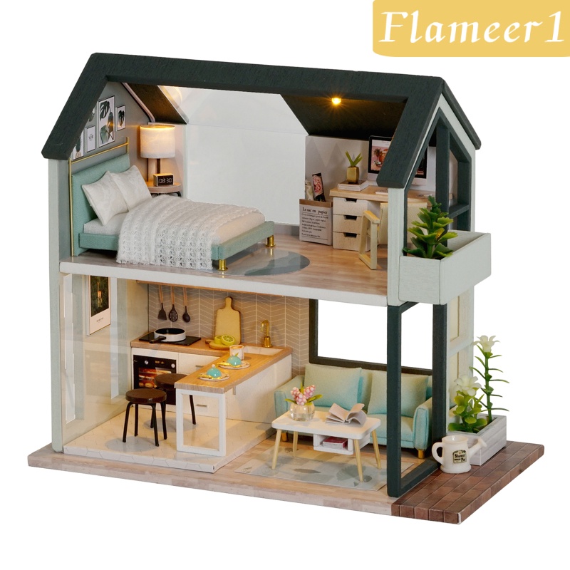 Bộ ngôi nhà búp bê DIY bằng gỗ mini tỉ lệ 1/24 kiểu 1 FLAMEER1