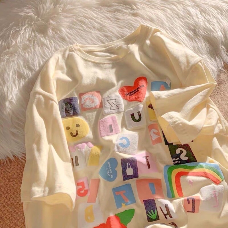 (Sẵn) Áo thun Quảng Châu dáng rộng tay lỡ in nổi mẫu chữ hình cute ngộ nghĩnh