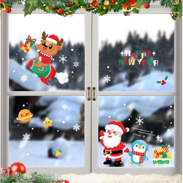 Decal dán tường Noel Hít Tĩnh Điện không Dơ Kính - Noel cùng cánh cụt kéo quà xinh xắn