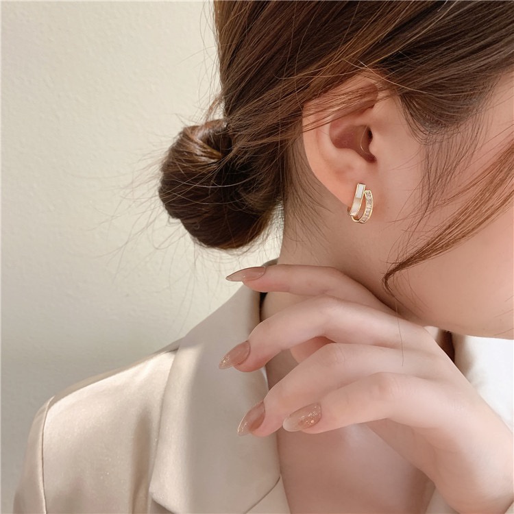 Khuyên tai vòng đôi bằng bạc 925 đính đá zircon tinh tế sang trọng phong cách Hàn Quốc