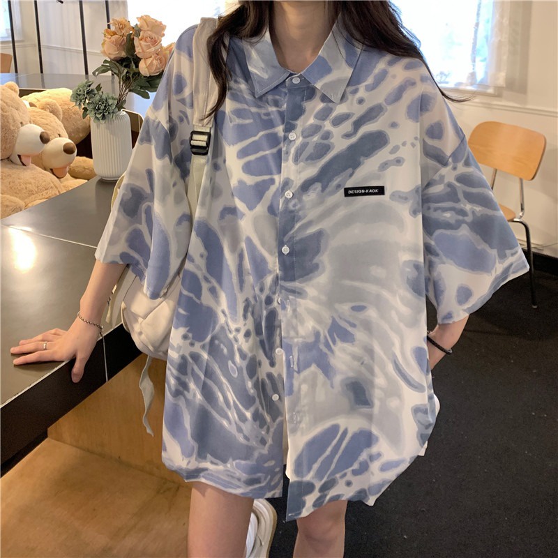 Áo Sơ Mi Tay Ngắn / Ngắn Dáng Rộng Vải Mỏng Nhuộm Xanh Nhuộm Kiểu Hồng Kông Retro Cá Tính