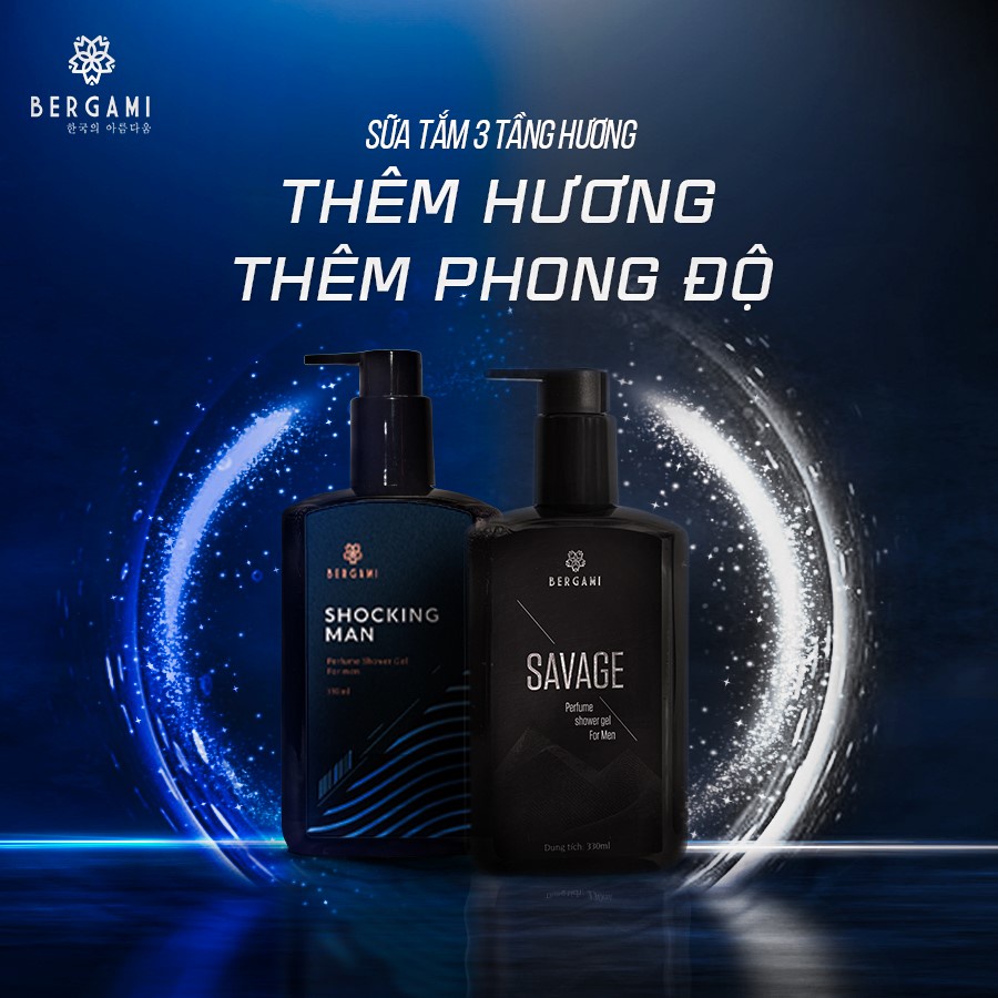 Combo 2 Sữa Tắm Nam Hương Nước Hoa Bergami Savage và Shocking Man, Ngừa Khuẩn Mùi Hương Nam Tính Lưu Hương 6H 330ml/chai