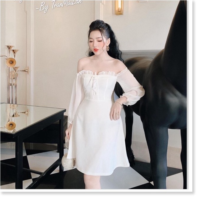 Đầm cát hàn phối vol kiểu cúp ngực đan dây
