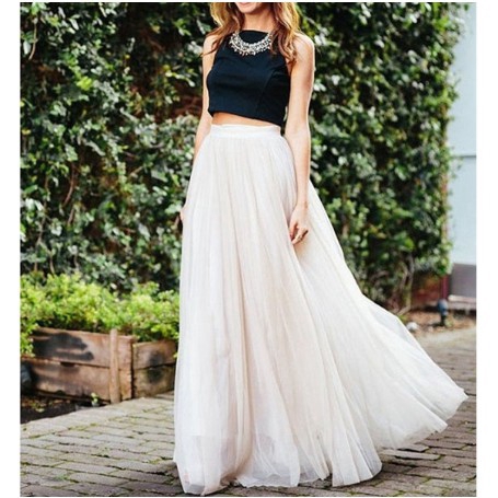 Women Tulle Mesh Full Skirt Elastic High Waist 3 Layers Pleated Maxi Long Dress