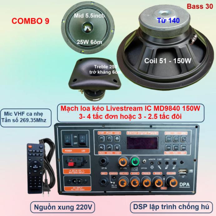 Mạch loa kéo 3 tấc đơn 3 đường tiếng LIVESTREAM DSP lập trình chống hú IC MD9840 150W có nguồn xung