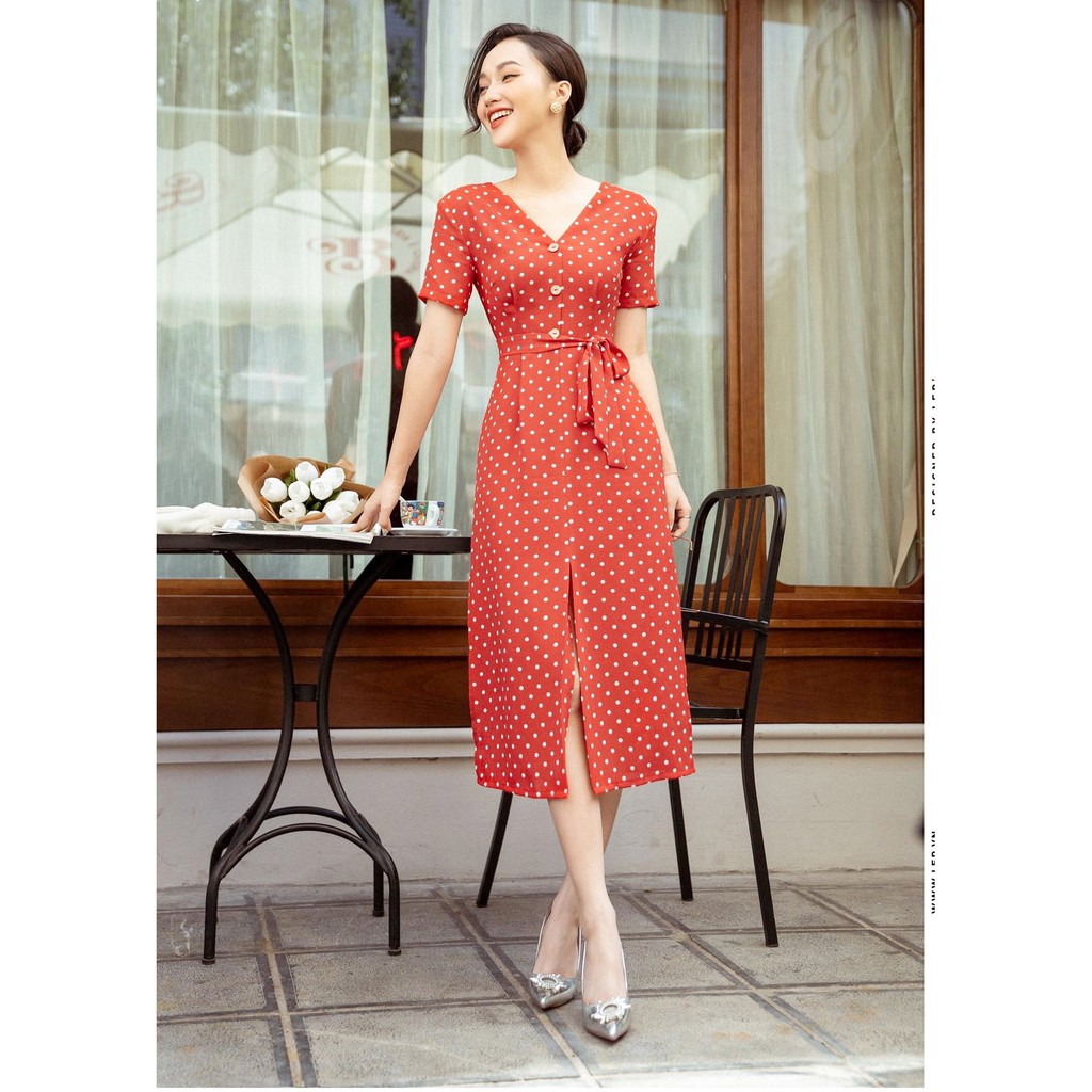 Đầm bigsize chấm bi công sở form dài Laluas