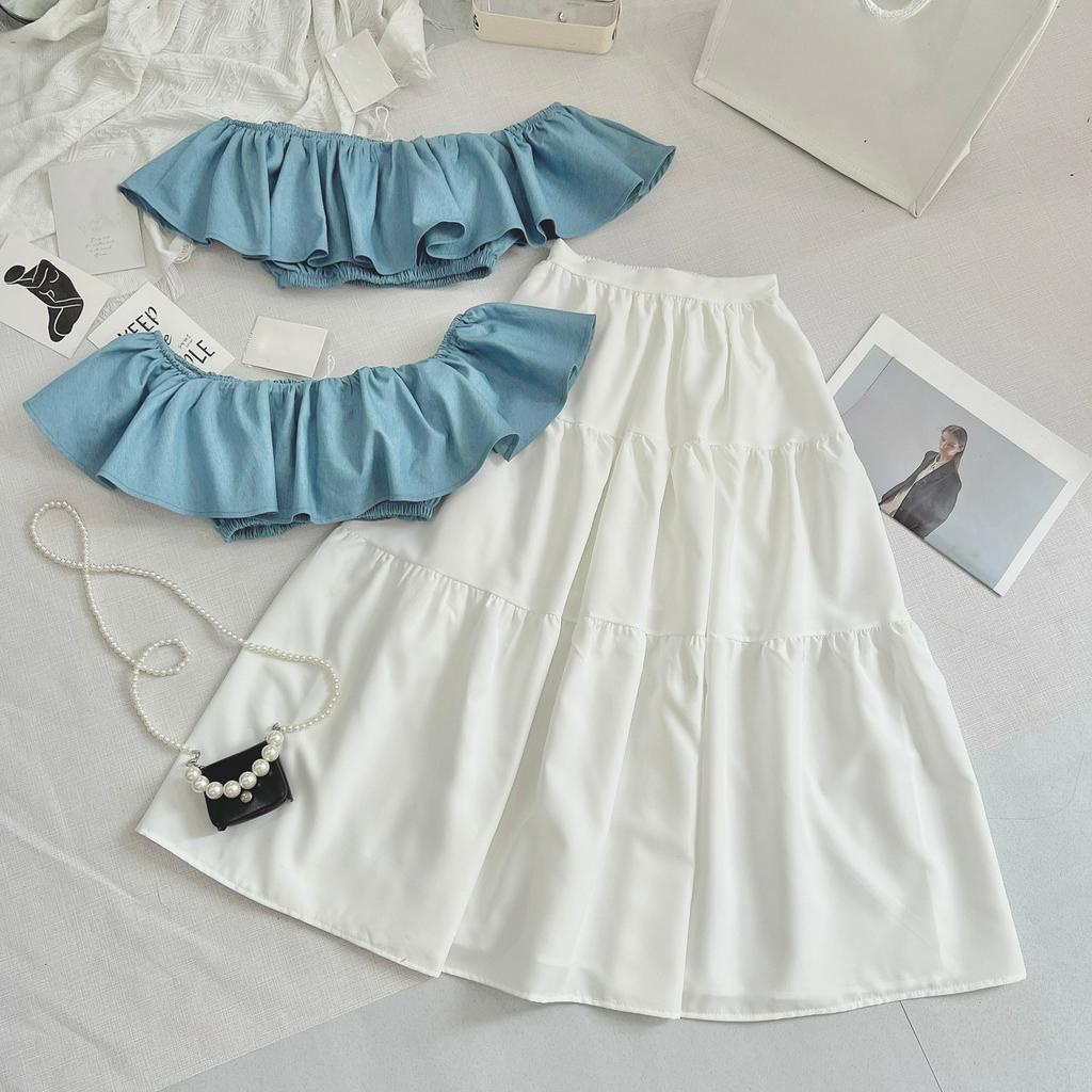 Set áo trễ vai croptop xanh BIGSIZE mix chân váy xòe trắng bánh bèo đi du lịch Venusa Store