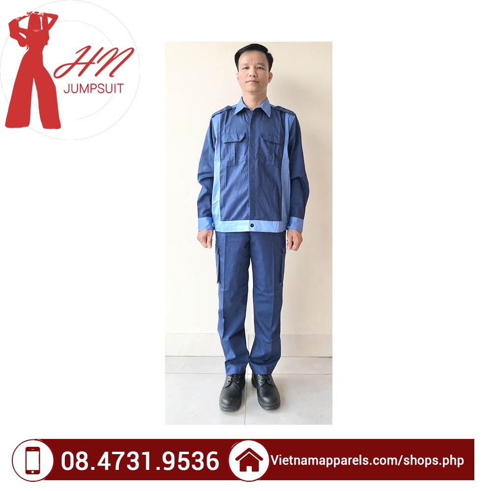 Bộ kaki Hàn Quốc quần áo bảo hộ lao động đẹp túi hộp xanh đậm phối xanh da trời siêu bền