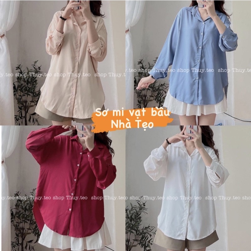 [Hàng mới] ÁO SƠ MI TRƠN DÁNG RỘNG VẠT BẦU BỐN MÀU TRẮNG/BE/XANH/ĐỎ