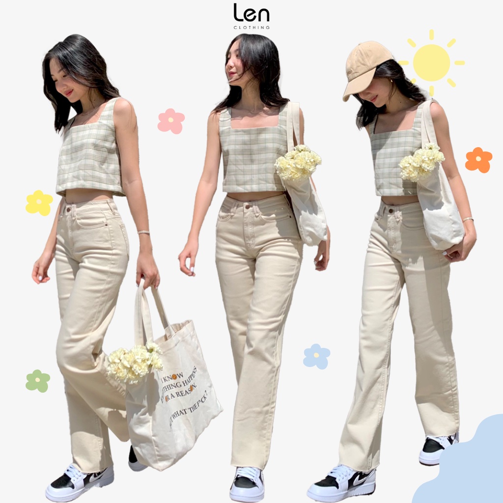 Quần cullotes jeans LEN clothing màu kem cắt lai 8140