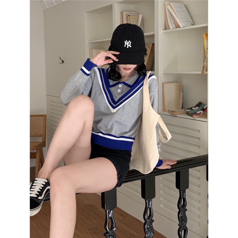 ZHELIHANGFEI Áo Len Tay Dài Giả Hai Lớp Cổ Bẻ Form Rộng Họa Tiết Preppy