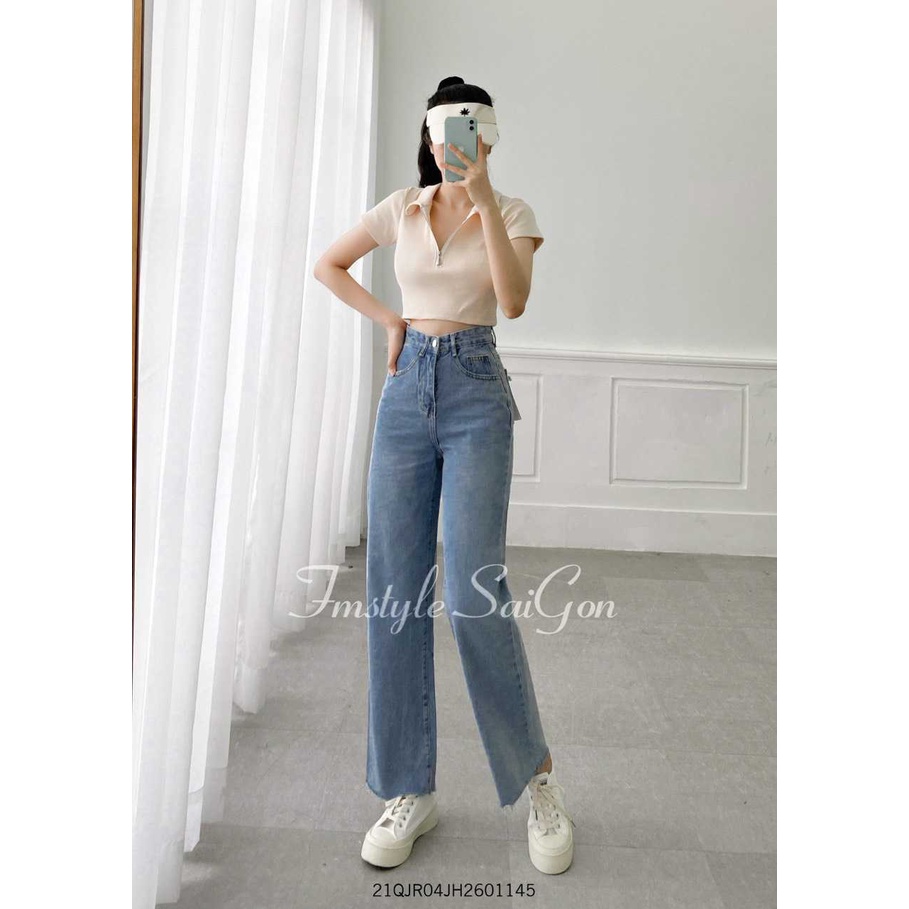 Quần jean nữ ống rộng trơn VM STYLE cạp cao suông lai thường (không co giãn) ulzzang Hàn Quốc 22QJR03AS0405 | BigBuy360 - bigbuy360.vn