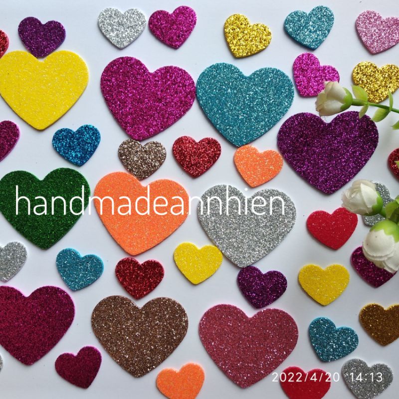 20 - 35- 50 hình trái tim 2.5 x 2cm, 3.5 × 3.2cm, 4.9 X 4.2cm bằng xốp kim tuyến- thủ công mầm non cho bé ...
