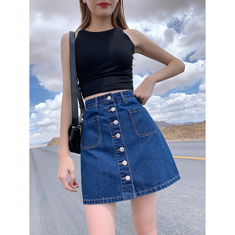 Chân váy jean Lưng Cao Màu Sắc Đơn Giản Cho Nữ