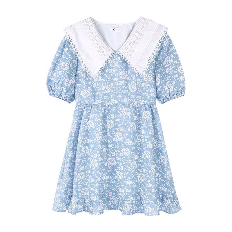 [HÀNG ORDER] Váy Đầm ngắn dáng xòe tay phồng hoa nhí màu xanh AH1114
