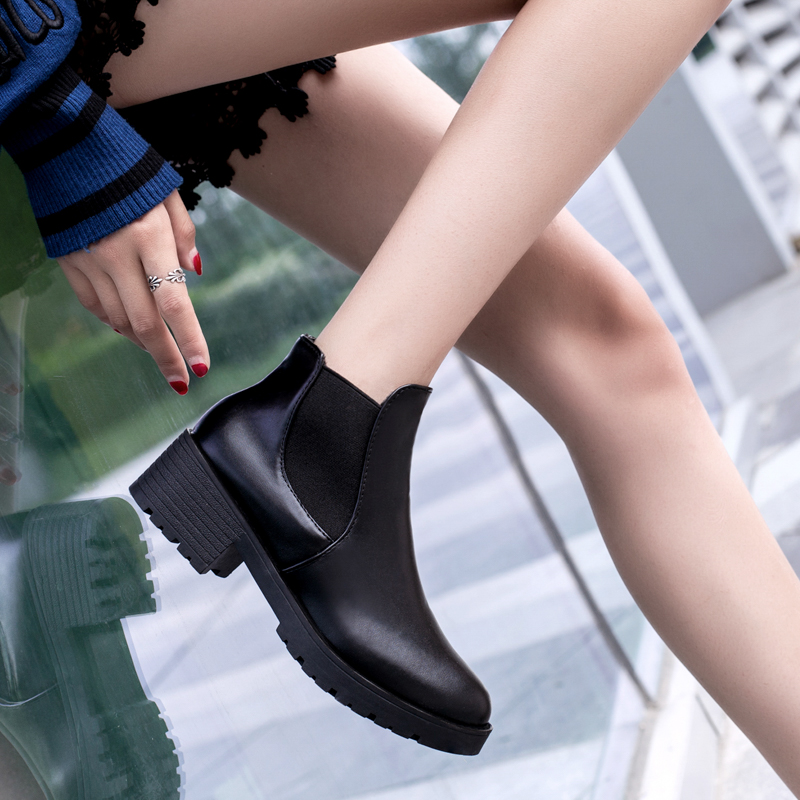 2020 Fashion Women Korean Chelsea Boots Round Head PU Leather Thick Bottom Ankle Boot