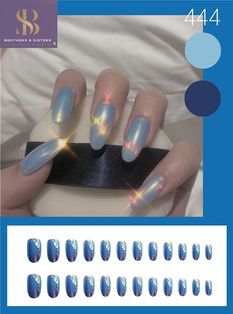 【shiny b&s】24pcs/box Mirror Surface Blue Color Faux Ongles Femme Press on Nails Medium Length Coffin Stiletto Nail Tips Fake Nails