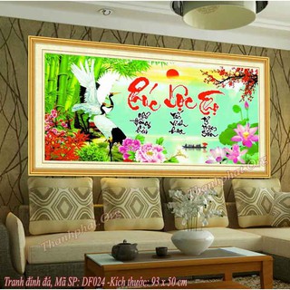 Tranh đính đá hạc Phúc Lộc Thọ. Kích thước: 93x50cm