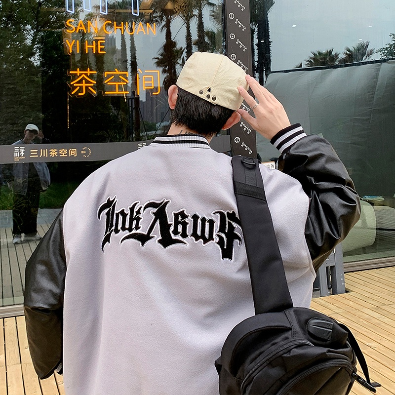 Áo khoác bóng chày phối da phong cách Nhật Bản thời trang cao cấp cho nam