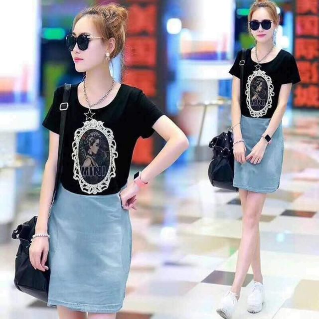 Đầm Denim thun phối Jean