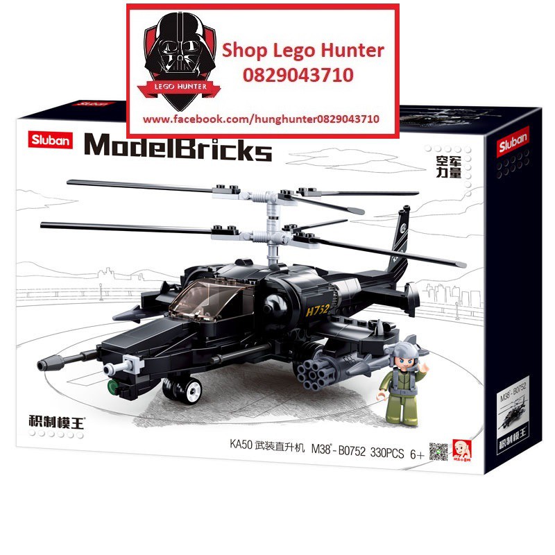Sluban 0752 Army Model brick KA 50 bộ đồ chơi lắp ráp trực thăng chiến đấu 330 chi tiết