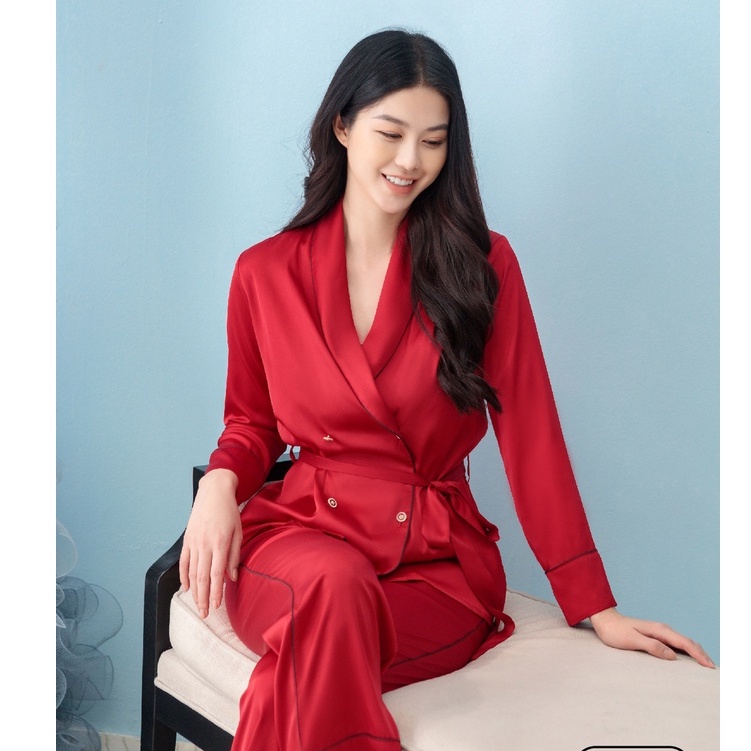Bộ ngủ satin ZAM Luxury - SET08 - áo dài tay quần dài đỏ trơn