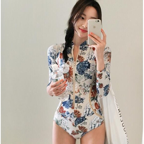 Bộ Đồ Bơi Một Mảnh Tay Dài Có Đệm Bảo Vệ In Họa Tiết Hoa Có Khóa Kéo Phong Cách Hàn Quốc Cho Nữ