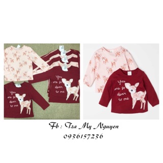 Set 2 áo cotton hoạ tiết chú nai đỏ hồng HM auth