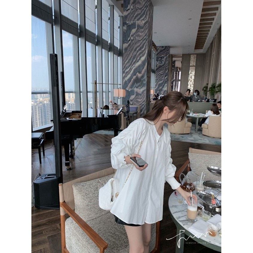 Áo Sơ Mi Nữ Trắng Cổ Tàu 🦋 Áo Sơmi Dài Tay Nhúm Ulzzang