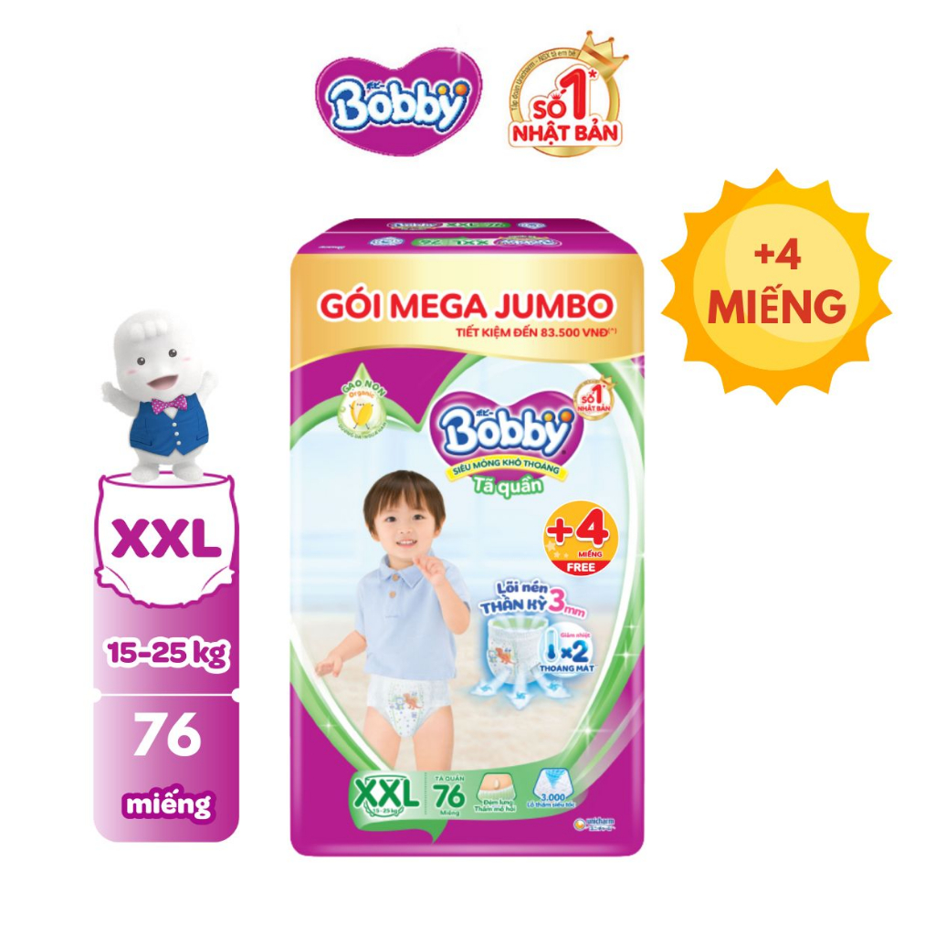 [TẶNG THÊM 4 MIẾNG] Tã/bỉm quần Bobby 3mm Mega Jumbo Gạo non Giảm nhiệt M112/L96/XL84/XXL76