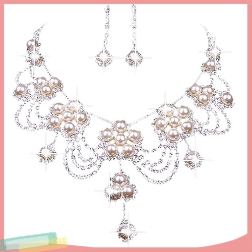 Bộ Vòng cổ + Đôi Khuyên Tai Đính Ngọc Trai Giả Sang Trọng Cho Cô Dâu