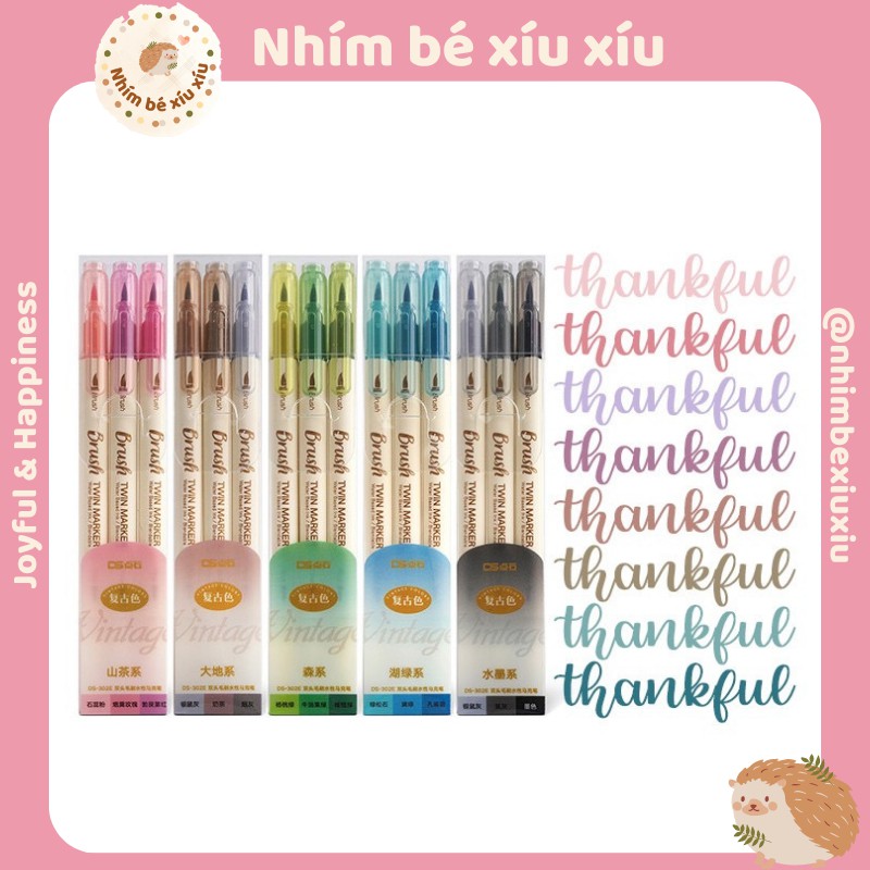 Set 3 bút lông 2 đầu TWIN MARKER BRUSH PEN viết calligraphy nét thanh nét đậm nhimbexiuxiu VT339