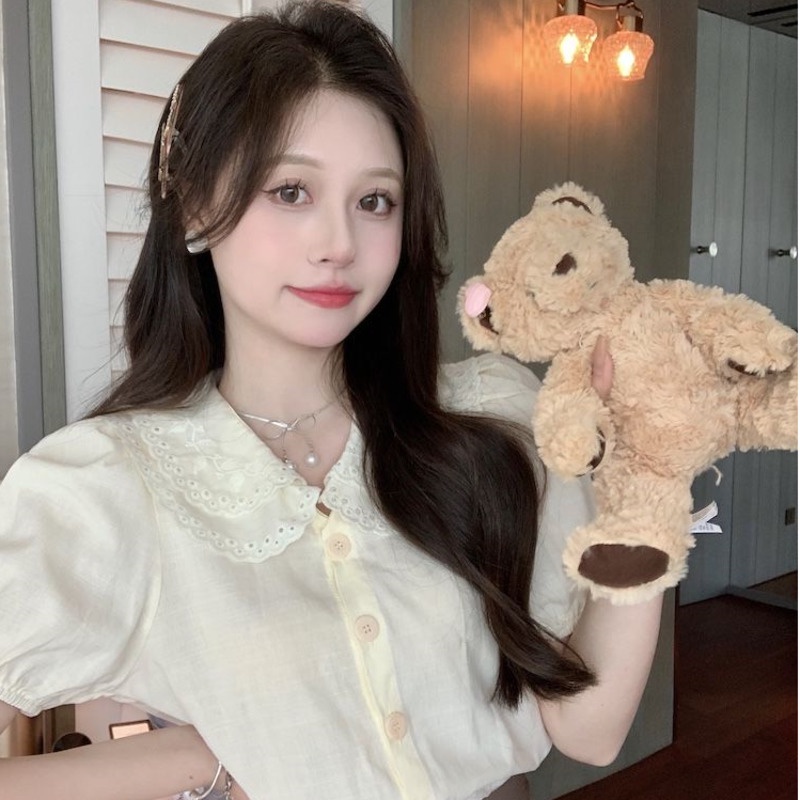 Áo Sơ Mi Ngắn Tay Cổ Búp Bê Khoét Nhiều Lớp Thời Trang Mùa Hè Cho Nữ